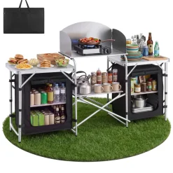VEVOR Folding Camping Table, Outdoor Portable Aluminum Lightweight Table, Quick Set-up Kitchen Cook Station, with Storage Organizer, Detachable Windscreen, Carrying Bag, Ideal for Picnic BBQ Traveling