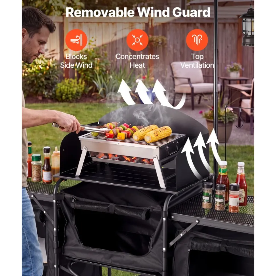 VEVOR Folding Camping Table, Outdoor Portable Table, Quick Set-up Kitchen Cook Station, with Storage Organizer, Telescoping Legs, a Detachable Windscreen, Carrying Bag, for Picnic BBQ RV Traveling
