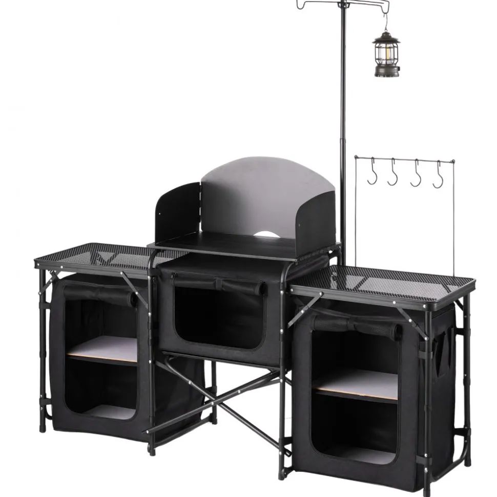 VEVOR Folding Camping Table, Outdoor Portable Table, Quick Set-up Kitchen Cook Station, with Storage Organizer, Telescoping Legs, a Detachable Windscreen, Carrying Bag, for Picnic BBQ RV Traveling