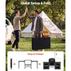 VEVOR Folding Camping Table, Outdoor Portable Table, Quick Set-up Kitchen Cook Station, with Storage Organizer, Telescoping Legs, a Detachable Windscreen, Carrying Bag, for Picnic BBQ RV Traveling