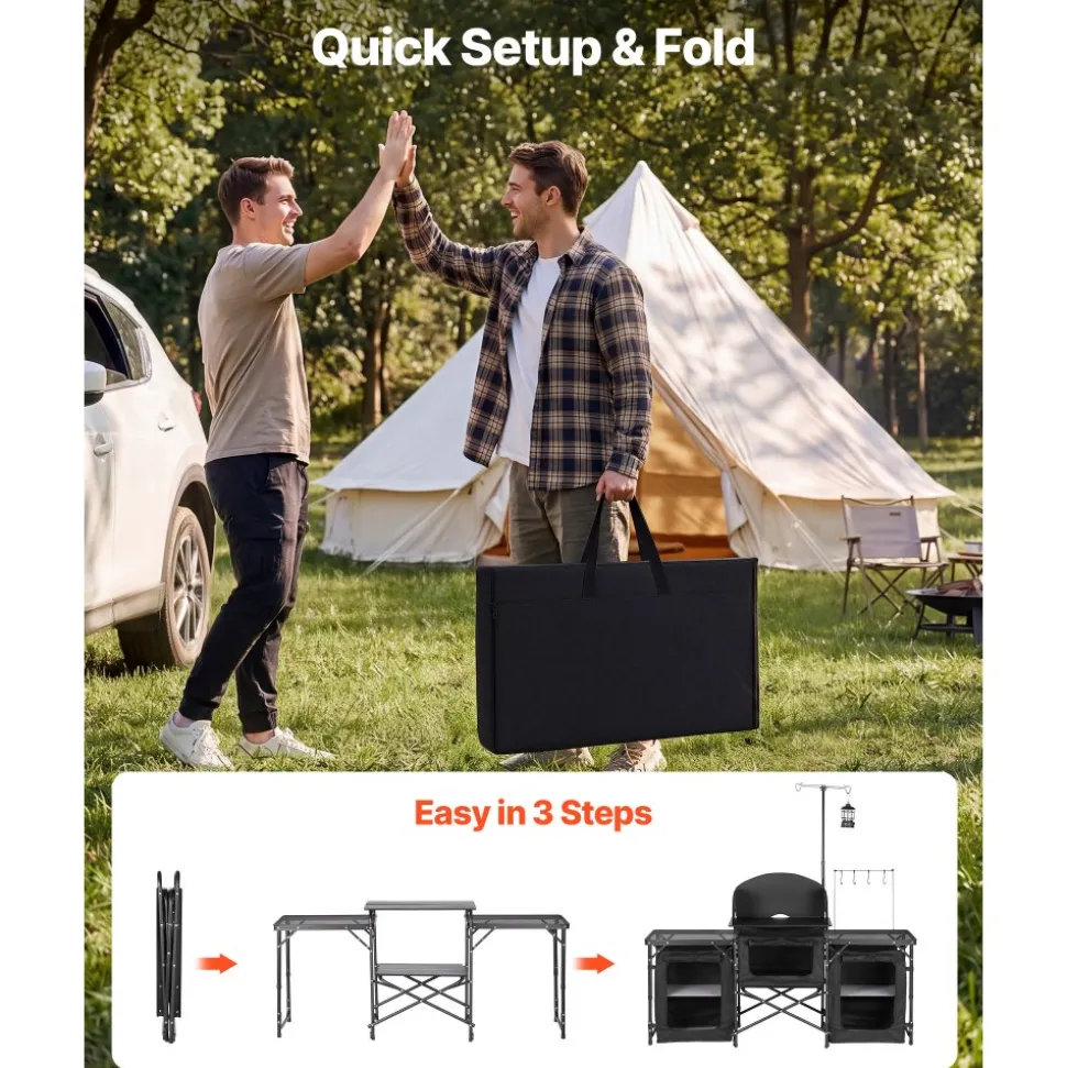 VEVOR Folding Camping Table, Outdoor Portable Table, Quick Set-up Kitchen Cook Station, with Storage Organizer, Telescoping Legs, a Detachable Windscreen, Carrying Bag, for Picnic BBQ RV Traveling