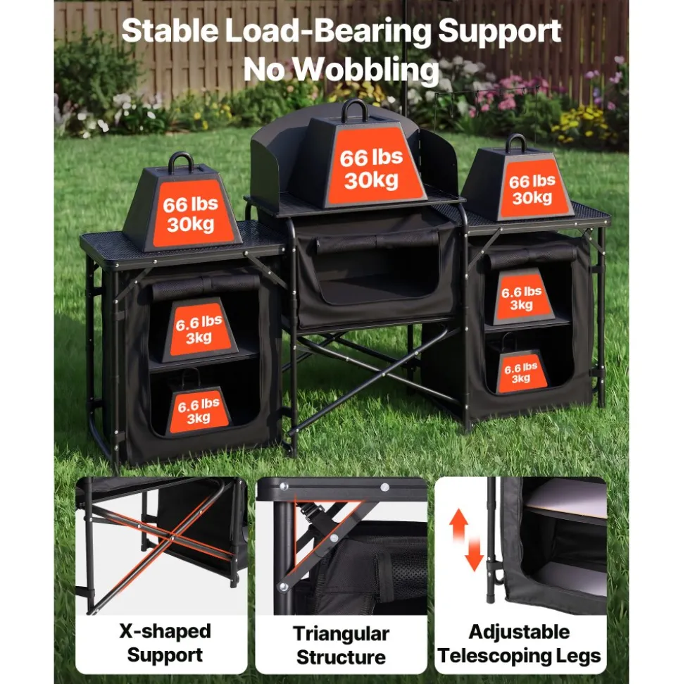 VEVOR Folding Camping Table, Outdoor Portable Table, Quick Set-up Kitchen Cook Station, with Storage Organizer, Telescoping Legs, a Detachable Windscreen, Carrying Bag, for Picnic BBQ RV Traveling