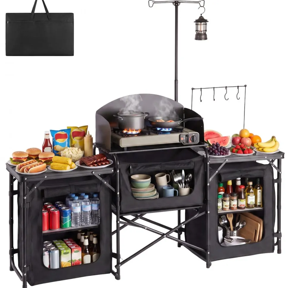 VEVOR Folding Camping Table, Outdoor Portable Table, Quick Set-up Kitchen Cook Station, with Storage Organizer, Telescoping Legs, a Detachable Windscreen, Carrying Bag, for Picnic BBQ RV Traveling