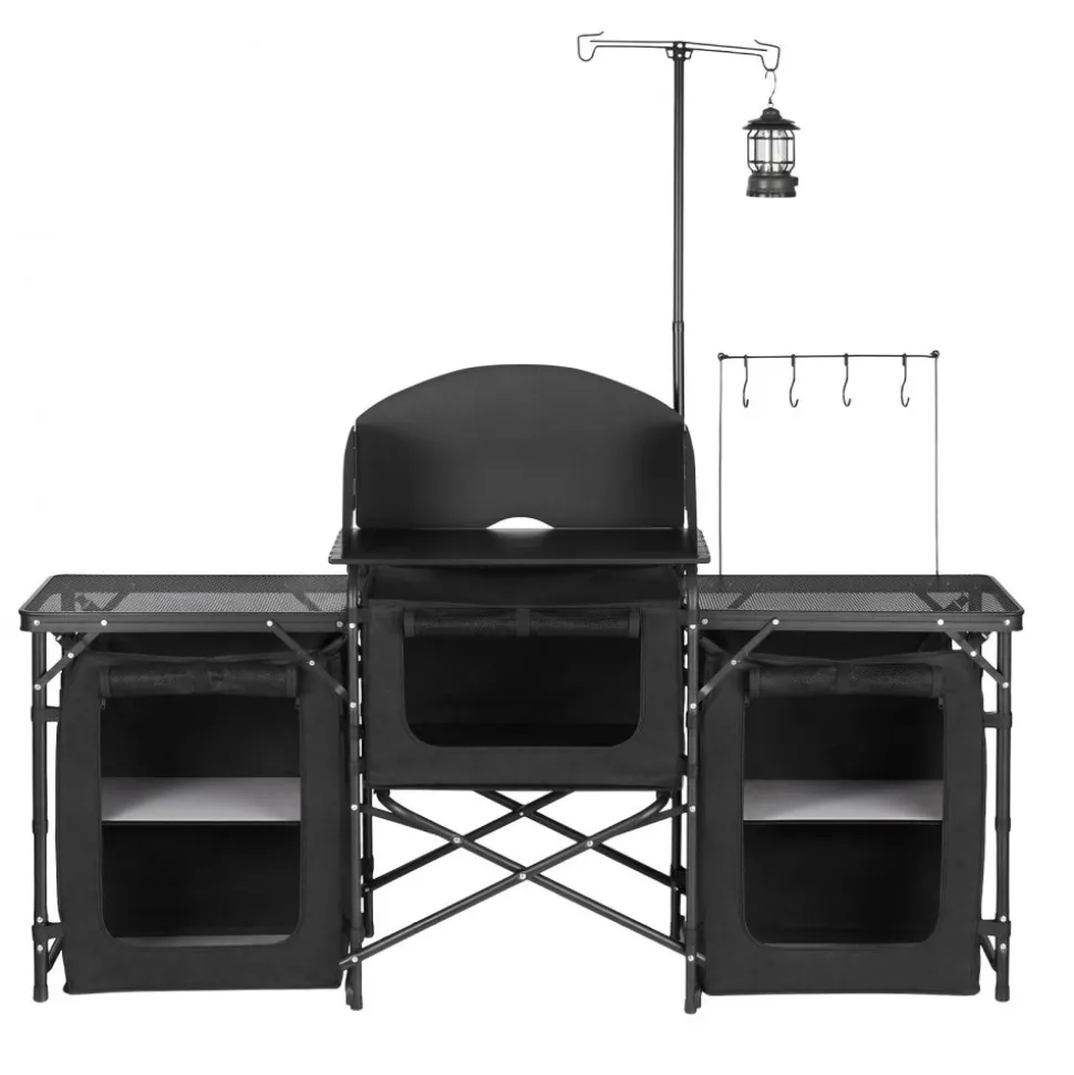 VEVOR Folding Camping Table, Outdoor Portable Table, Quick Set-up Kitchen Cook Station, with Storage Organizer, Telescoping Legs, a Detachable Windscreen, Carrying Bag, for Picnic BBQ RV Traveling