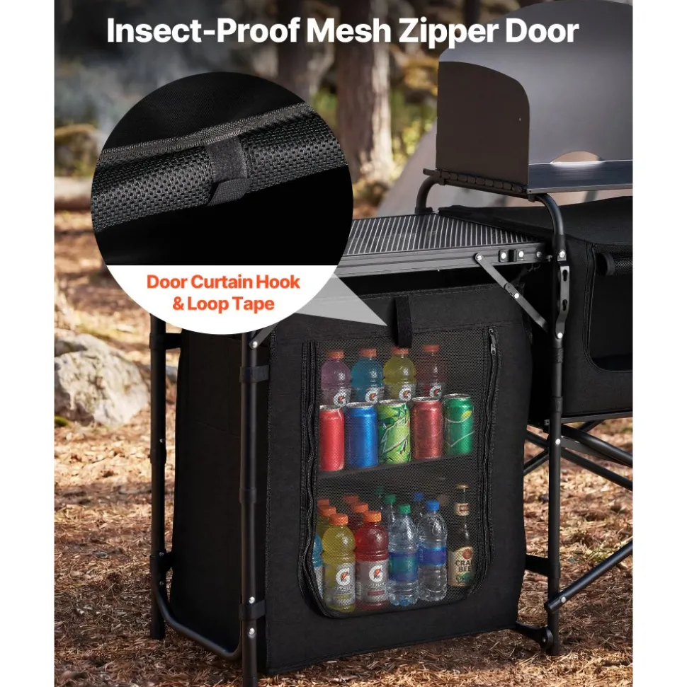 VEVOR Folding Camping Table, Outdoor Portable Table, Quick Set-up Kitchen Cook Station, with Storage Organizer, Telescoping Legs, a Detachable Windscreen, Carrying Bag, for Picnic BBQ RV Traveling