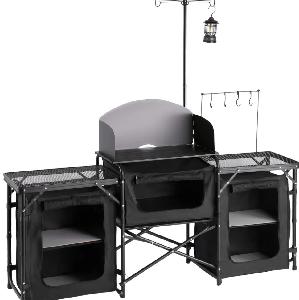 VEVOR Folding Camping Table, Outdoor Portable Table, Quick Set-up Kitchen Cook Station, with Storage Organizer, Telescoping Legs, a Detachable Windscreen, Carrying Bag, for Picnic BBQ RV Traveling