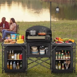 VEVOR Folding Camping Table, Outdoor Portable Table, Quick Set-up Kitchen Cook Station, with Storage Organizer, Telescoping Legs, a Detachable Windscreen, Carrying Bag, for Picnic BBQ RV Traveling