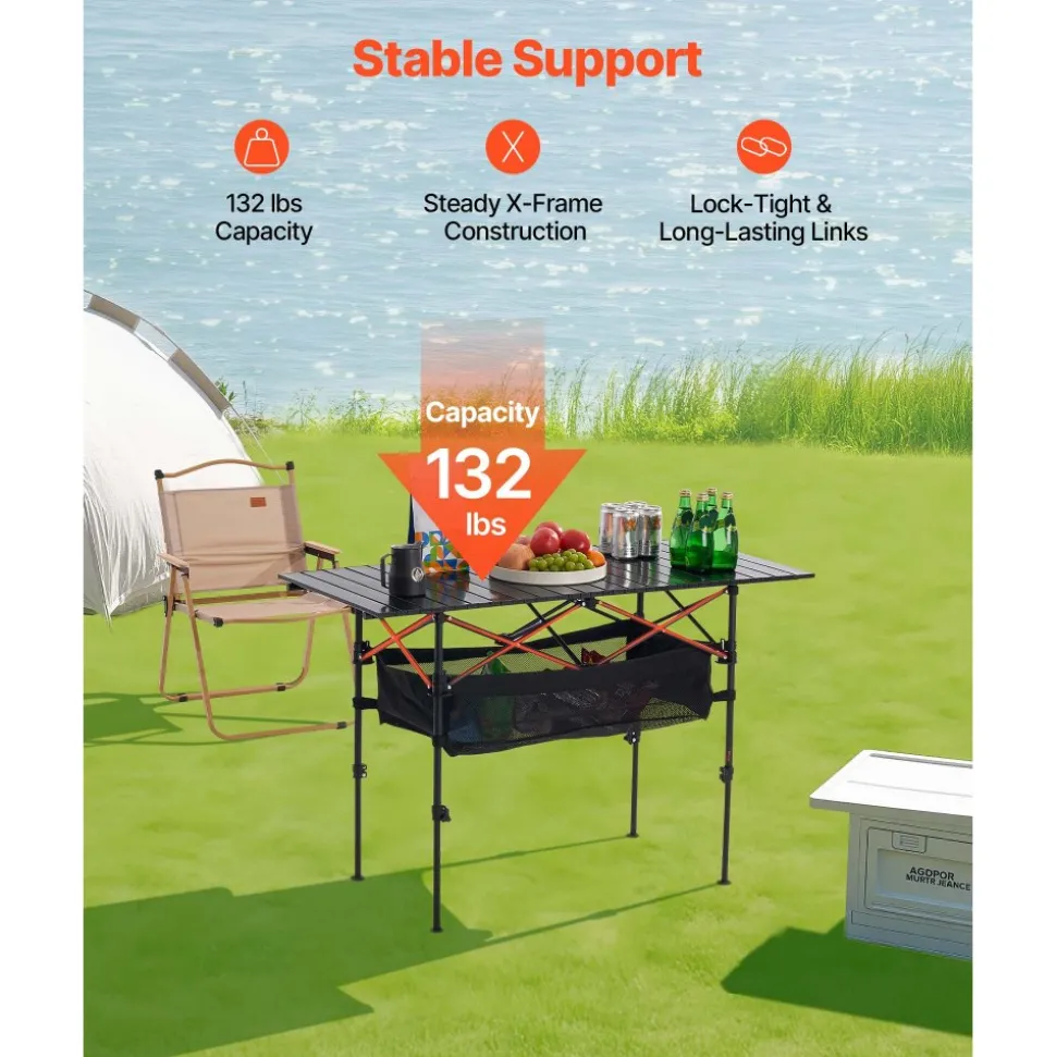 VEVOR Folding Camping Table, Portable Roll Up Side Tables, Lightweight Aluminum Beach Table with Adjustable Height, Large Storage Bag and Carry Bag, For Outdoor BBQ Tailgating Picnic, Travel, Black