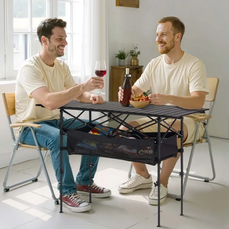 VEVOR Folding Camping Table, Portable Roll Up Side Tables, Lightweight Aluminum Beach Table with Adjustable Height, Large Storage Bag and Carry Bag, For Outdoor BBQ Tailgating Picnic, Travel, Black