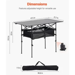 VEVOR Folding Camping Table, Portable Roll Up Side Tables, Lightweight Aluminum Beach Table with Adjustable Height, Large Storage Bag and Carry Bag, For Outdoor BBQ Tailgating Picnic, Travel, Black