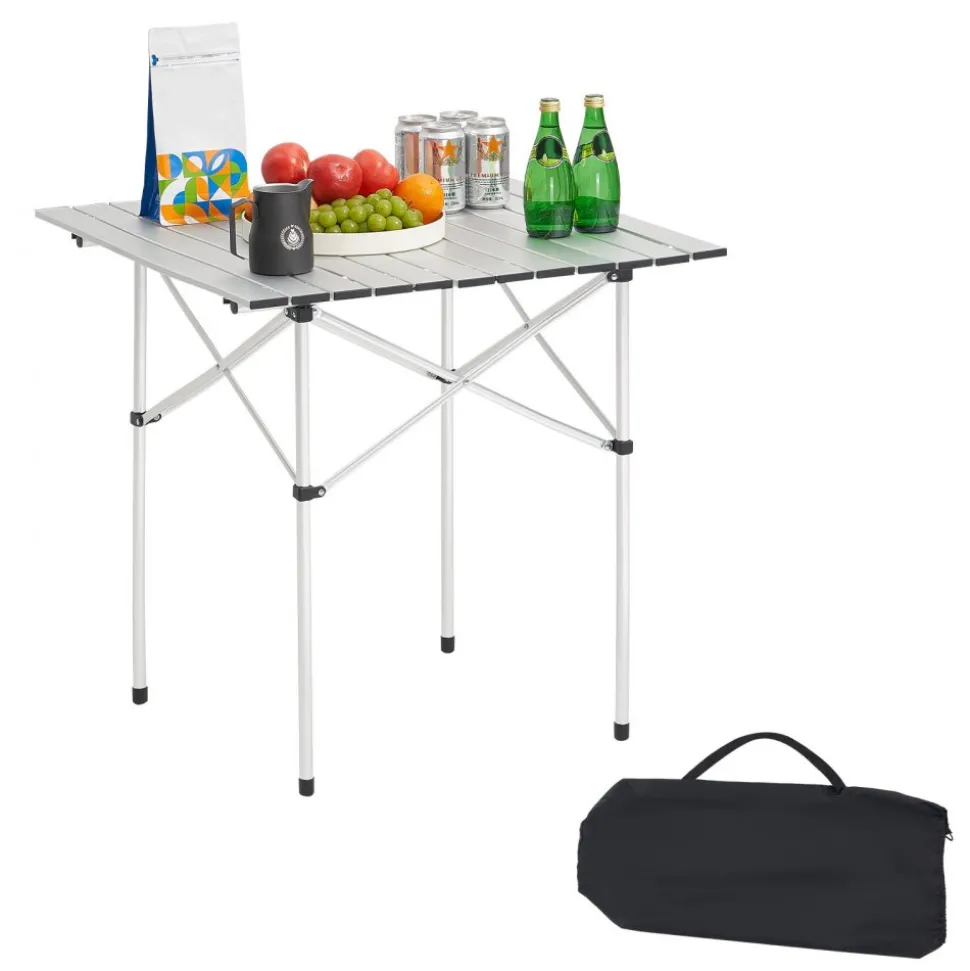 VEVOR Folding Camping Table, Portable Roll Up Side Tables, Small Lightweight Aluminum Beach Table, Compact with Carry Bag, for Outdoor Cooking, Tailgating, Grilling, Picnic, Travel, Silver