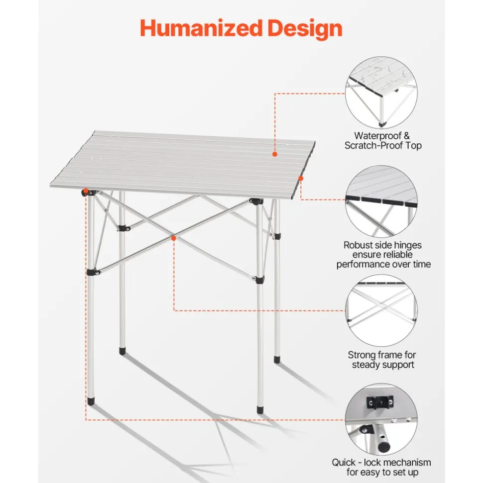 VEVOR Folding Camping Table, Portable Roll Up Side Tables, Small Lightweight Aluminum Beach Table, Compact with Carry Bag, for Outdoor Cooking, Tailgating, Grilling, Picnic, Travel, Silver