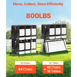 VEVOR Folding Chair Rack, 800 LBS Capacity, Heavy-duty Chair Cart for 84 Chairs/ 12 Tables+42 Chairs, Dual-layer Chair Storage Dolly with Rubber Wheels and Holders, Large Chair Holder, Matte Black