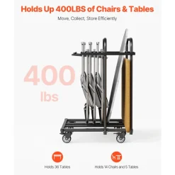 VEVOR Folding Chair Rack, 400 LBS Capacity, Heavy-duty Chair Cart for 5 Tables+14 Chairs, Chair Storage Dolly Chair Holder w/ Swivel Casters and Locking Wheels,for Party Event,Hotel, Matte Black