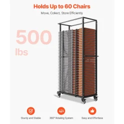 VEVOR Folding Chair Rack, 500 LBS Capacity, Heavy-duty Chair Cart for 60 Chairs, Metal Chair Storage Dolly Chair Holder with Swivel Casters and Locking Wheels, for Party Event,Hotel,Matte Black