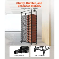 VEVOR Folding Chair Rack, 500 LBS Capacity, Heavy-duty Chair Cart for 60 Chairs, Metal Chair Storage Dolly Chair Holder with Swivel Casters and Locking Wheels, for Party Event,Hotel,Matte Black