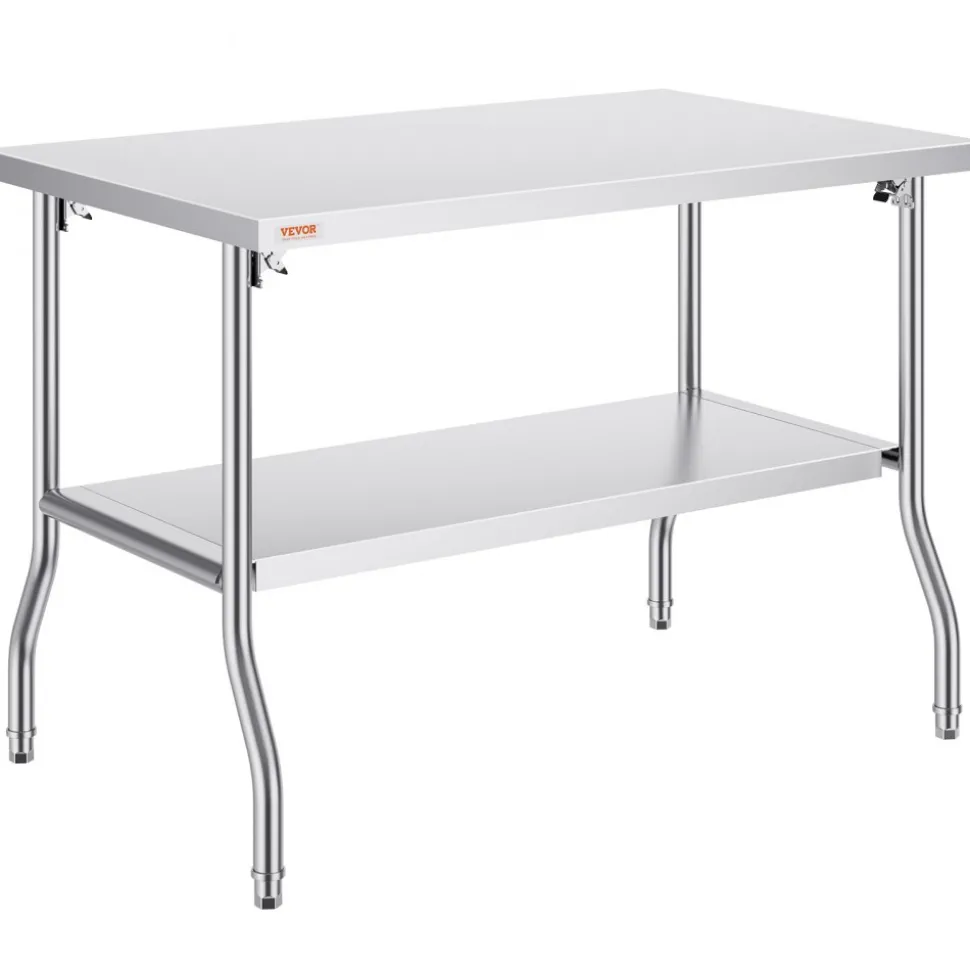 VEVOR Folding Commercial Prep Table, 48 x 30 Inch Commercial Worktable Workstation with Undershelf, Heavy-duty Stainless Steel Folding Table with 300 lbs Load, for Home Kitchen Restaurant Garage