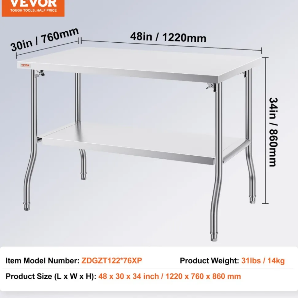 VEVOR Folding Commercial Prep Table, 48 x 30 Inch Commercial Worktable Workstation with Undershelf, Heavy-duty Stainless Steel Folding Table with 300 lbs Load, for Home Kitchen Restaurant Garage