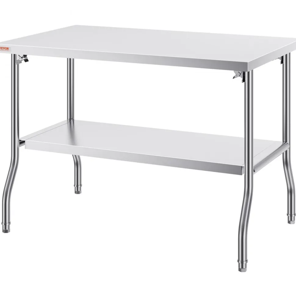 VEVOR Folding Commercial Prep Table, 48 x 30 Inch Commercial Worktable Workstation with Undershelf, Heavy-duty Stainless Steel Folding Table with 300 lbs Load, for Home Kitchen Restaurant Garage