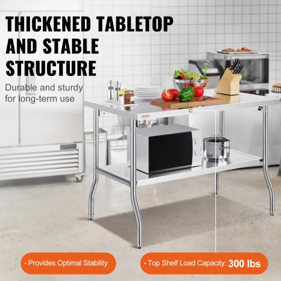 VEVOR Folding Commercial Prep Table, 48 x 30 Inch Commercial Worktable Workstation with Undershelf, Heavy-duty Stainless Steel Folding Table with 300 lbs Load, for Home Kitchen Restaurant Garage