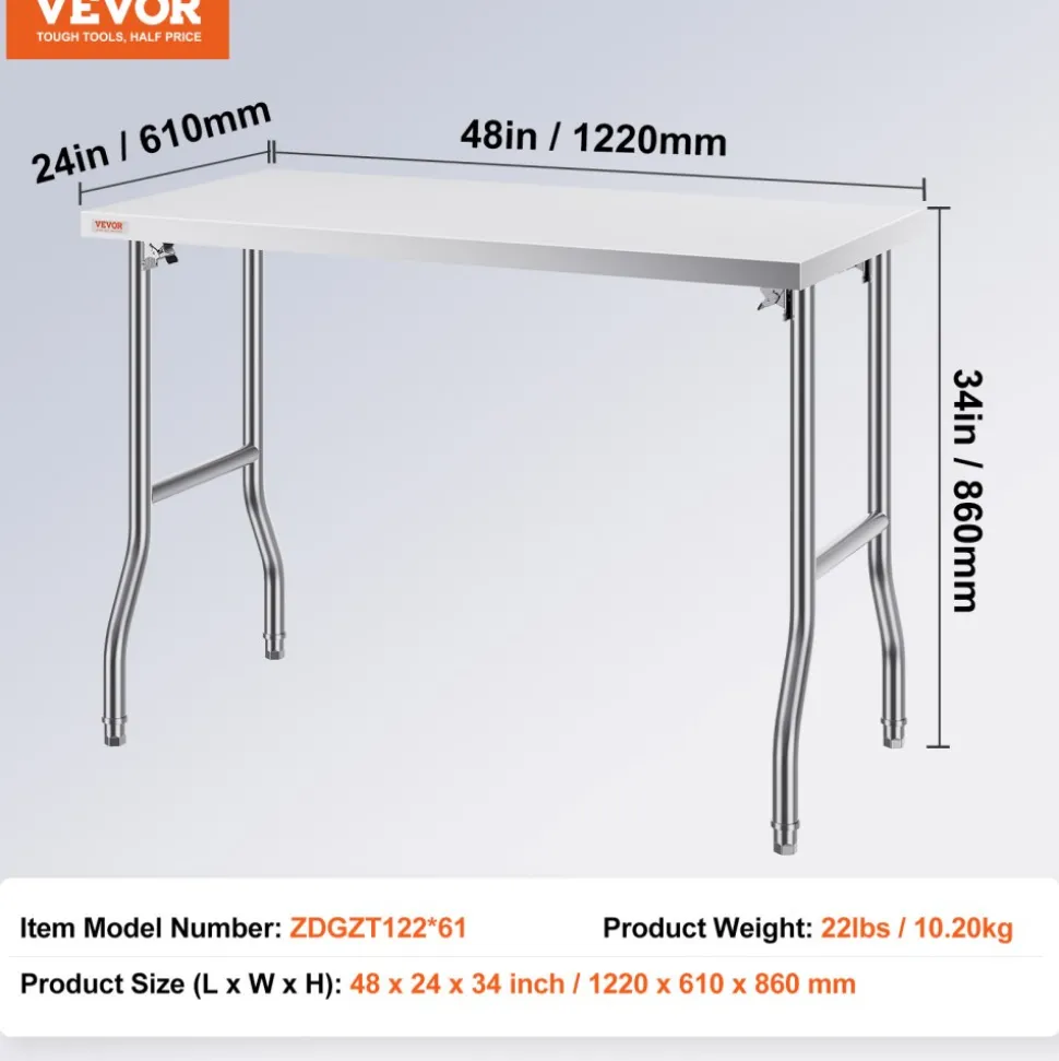 VEVOR Folding Commercial Prep Table, 48 x 24 Inch Commercial Worktable Workstation, Heavy-duty Stainless Steel Folding Table with 300 lbs Load, Kitchen Work Table, for Home Kitchen Restaurant Garage