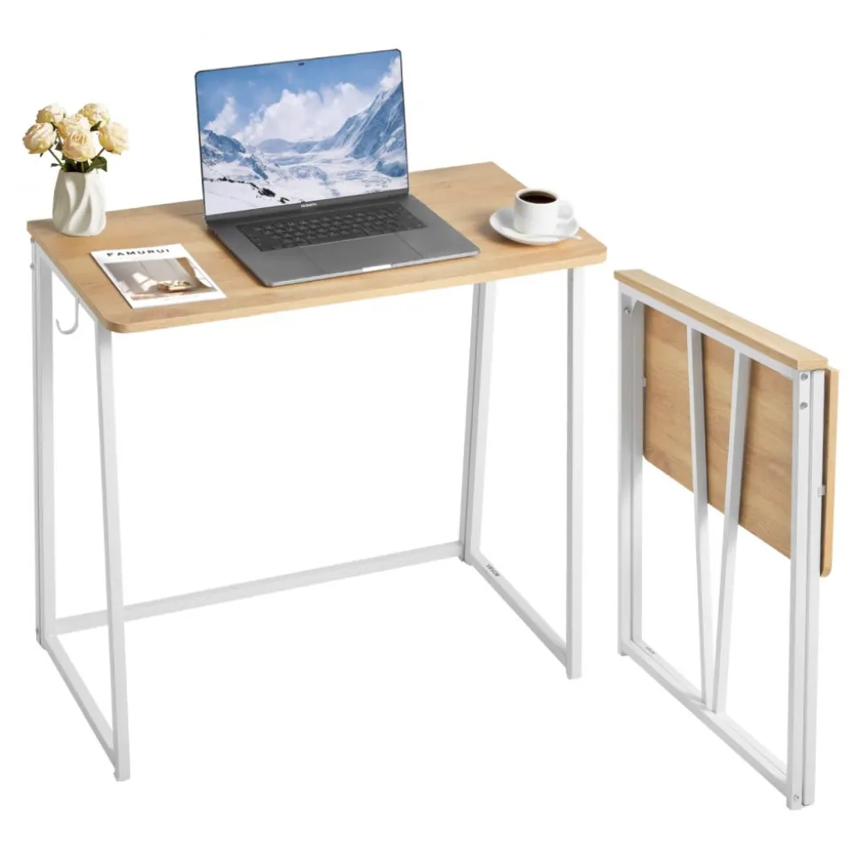 VEVOR Folding Desk, 31.5" Foldable Table for Small Spaces with Storage Hooks, Space Saving Computer Table, Writing Workstation for Home Office, Easy Assembly, Oak
