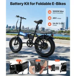 VEVOR Folding Ebike Battery, 48V 10.4Ah Electric Bike Lithium Battery Pack with BMS, 3A Charger, Lock for 1000W E-Bike Motor, Detachable Electric Bicycle Replacement Kit with Handle & Discharge Socket