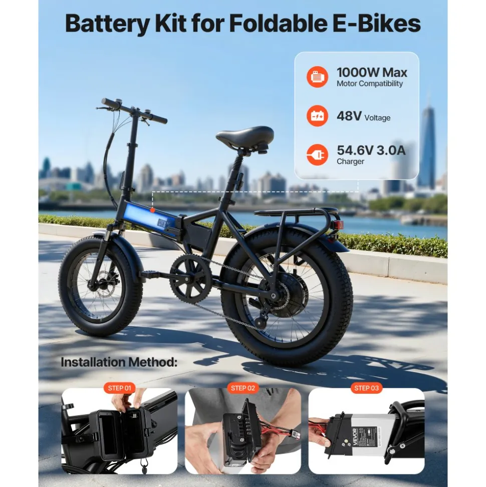 VEVOR Folding Ebike Battery, 48V 10.4Ah Electric Bike Lithium Battery Pack with BMS, 3A Charger, Lock for 1000W E-Bike Motor, Detachable Electric Bicycle Replacement Kit with Handle & Discharge Socket