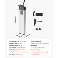 VEVOR Folding Ebike Battery, 48V 10.4Ah Electric Bike Lithium Battery Pack with BMS, 3A Charger, Lock for 1000W E-Bike Motor, Detachable Electric Bicycle Replacement Kit with Handle & Discharge Socket