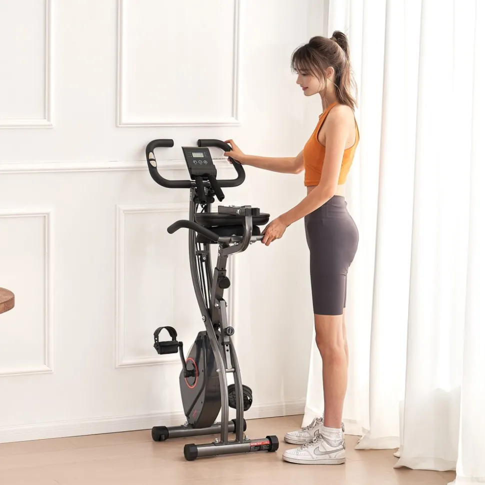 VEVOR Folding Exercise Bike, Foldable Fitness Stationary Bike, Adjustable Magnetic Resistance Stationary Bike, Upright Indoor Cycling Bike for Home Gym Workout, Comfortable Seat Cushion, LCD Monitor