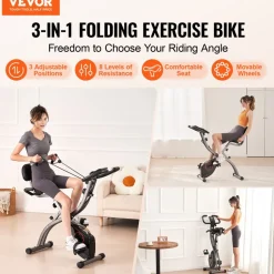 VEVOR Folding Exercise Bike, Foldable Fitness Stationary Bike, Adjustable Magnetic Resistance Stationary Bike, Upright Indoor Cycling Bike for Home Gym Workout, Comfortable Seat Cushion, LCD Monitor