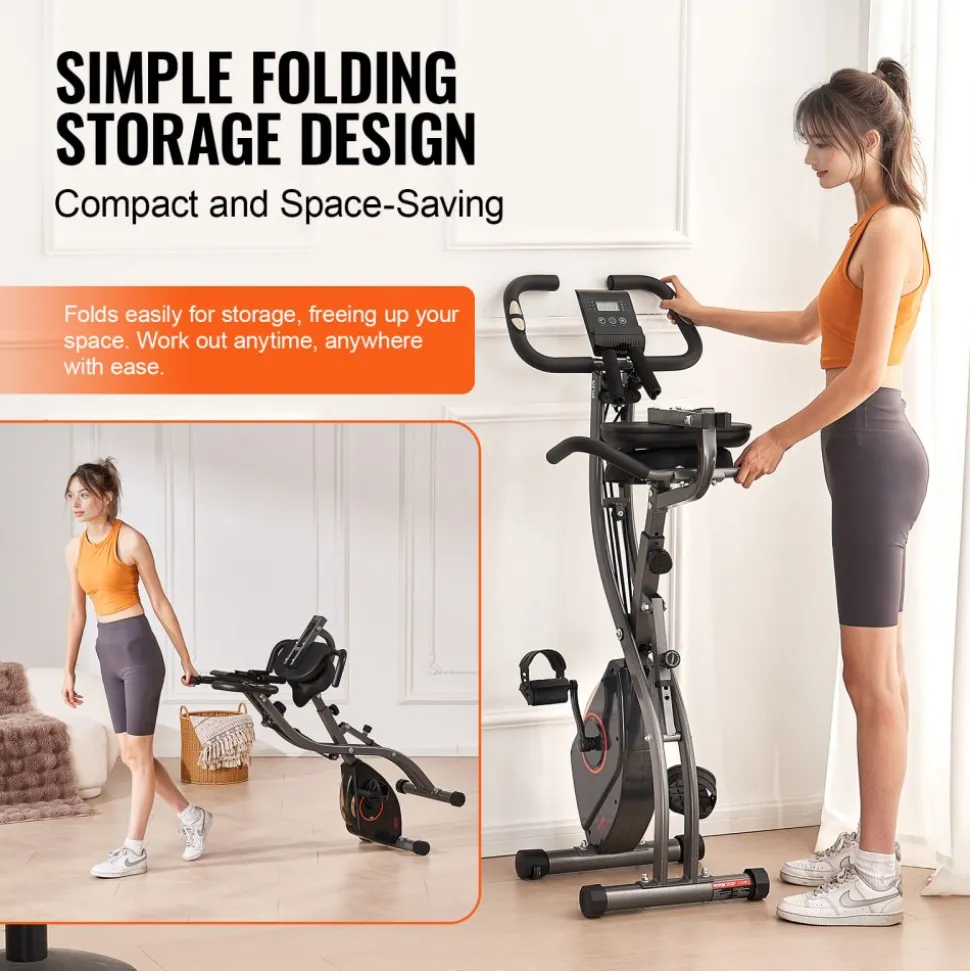 VEVOR Folding Exercise Bike, Foldable Fitness Stationary Bike, Adjustable Magnetic Resistance Stationary Bike, Upright Indoor Cycling Bike for Home Gym Workout, Comfortable Seat Cushion, LCD Monitor