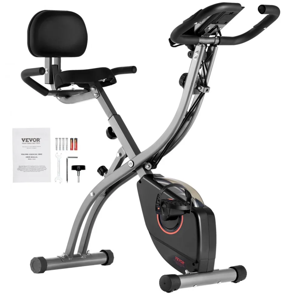 VEVOR Folding Exercise Bike, Foldable Fitness Stationary Bike, Adjustable Magnetic Resistance Stationary Bike, Upright Indoor Cycling Bike for Home Gym Workout, Comfortable Seat Cushion, LCD Monitor