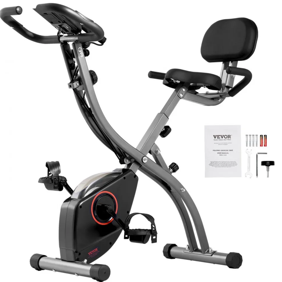 VEVOR Folding Exercise Bike, Foldable Fitness Stationary Bike, Adjustable Magnetic Resistance Stationary Bike, Upright Indoor Cycling Bike for Home Gym Workout, Comfortable Seat Cushion, LCD Monitor
