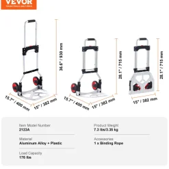 VEVOR Folding Hand Truck and Dolly, 176 lbs Capacity, Aluminum Foldable Cart, Heavy-Duty Luggage Trolley Cart with Telescoping Handle and PP+TPR Wheels for Home, Office, Shopping, Travel