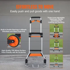 VEVOR Folding Hand Truck, 309 lbs Load Capacity, Aluminum Portable Cart, Convertible Hand Truck and Dolly with Telescoping Handle and PP+TPR Wheels, Ultra Lightweight Super Strong for Moving Warehouse