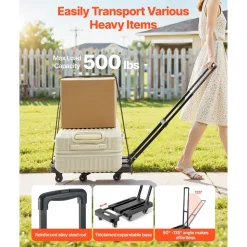 VEVOR Folding Hand Truck, 500 lbs Load Capacity, Collapsible Luggage Cart with 6 Wheels, 2 Elastic Ropes & Expandable Base, Utility Dolly Platform Cart for Airport Travel Luggage Office Moving, Black