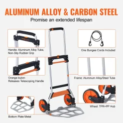 VEVOR Folding Hand Truck, 275 lbs Load Capacity, Aluminum Portable Cart, Convertible Hand Truck and Dolly with Telescoping Handle and PP+TPR Wheels, Ultra Lightweight Super Strong for Moving Warehouse