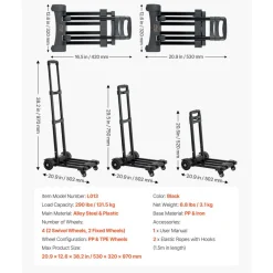 VEVOR Folding Hand Truck, 290 lbs Load Capacity, Collapsible Luggage Cart with 4 Wheels, 2 Elastic Ropes & Expandable Base, Utility Dolly Platform Cart for Airport Travel Luggage Office Moving, Black