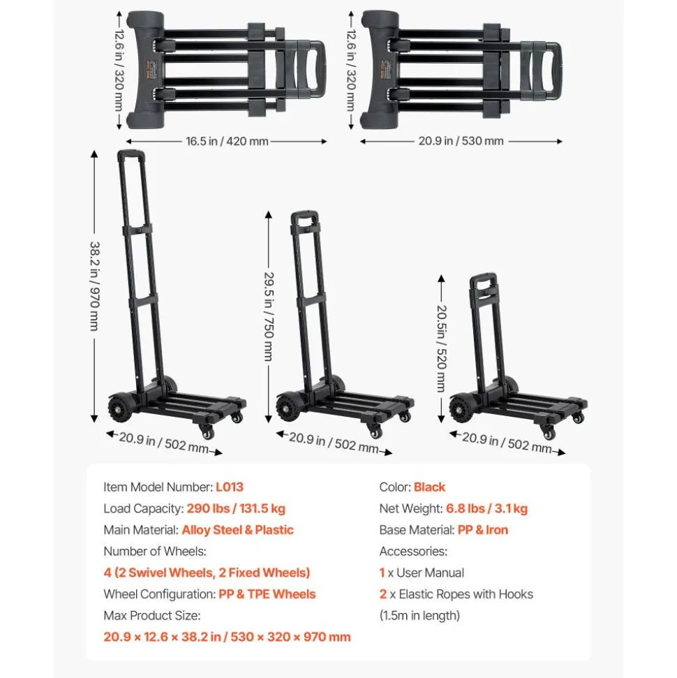 VEVOR Folding Hand Truck, 290 lbs Load Capacity, Collapsible Luggage Cart with 4 Wheels, 2 Elastic Ropes & Expandable Base, Utility Dolly Platform Cart for Airport Travel Luggage Office Moving, Black
