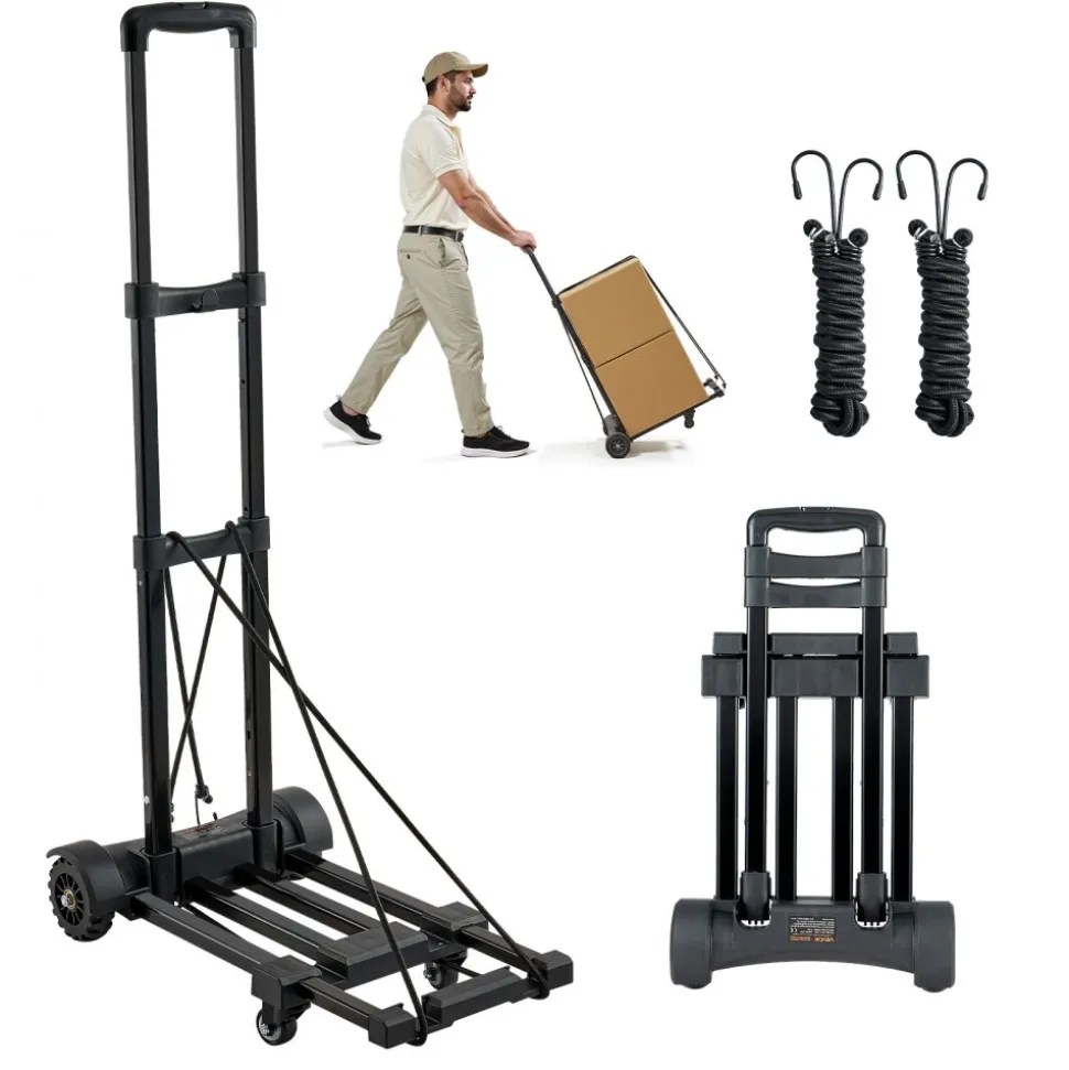 VEVOR Folding Hand Truck, 290 lbs Load Capacity, Collapsible Luggage Cart with 4 Wheels, 2 Elastic Ropes & Expandable Base, Utility Dolly Platform Cart for Airport Travel Luggage Office Moving, Black