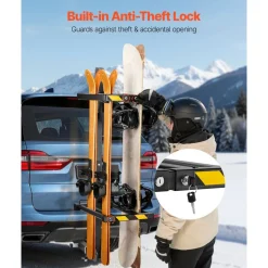VEVOR Folding Hitch Mounted Ski & Snowboard Rack, Fits 2-Inch Receiver, Carries up to 6 Pairs of Skis or 4 Snowboards, Adjustable Hitch-Mounted Rack for Car with Key Lock, Security Strap, Tilt Access