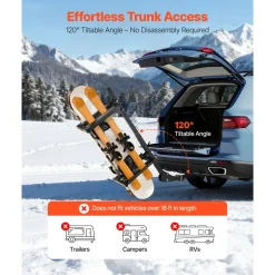 VEVOR Folding Hitch Mounted Ski & Snowboard Rack, Fits 2-Inch Receiver, Carries up to 6 Pairs of Skis or 4 Snowboards, Adjustable Hitch-Mounted Rack for Car with Key Lock, Security Strap, Tilt Access