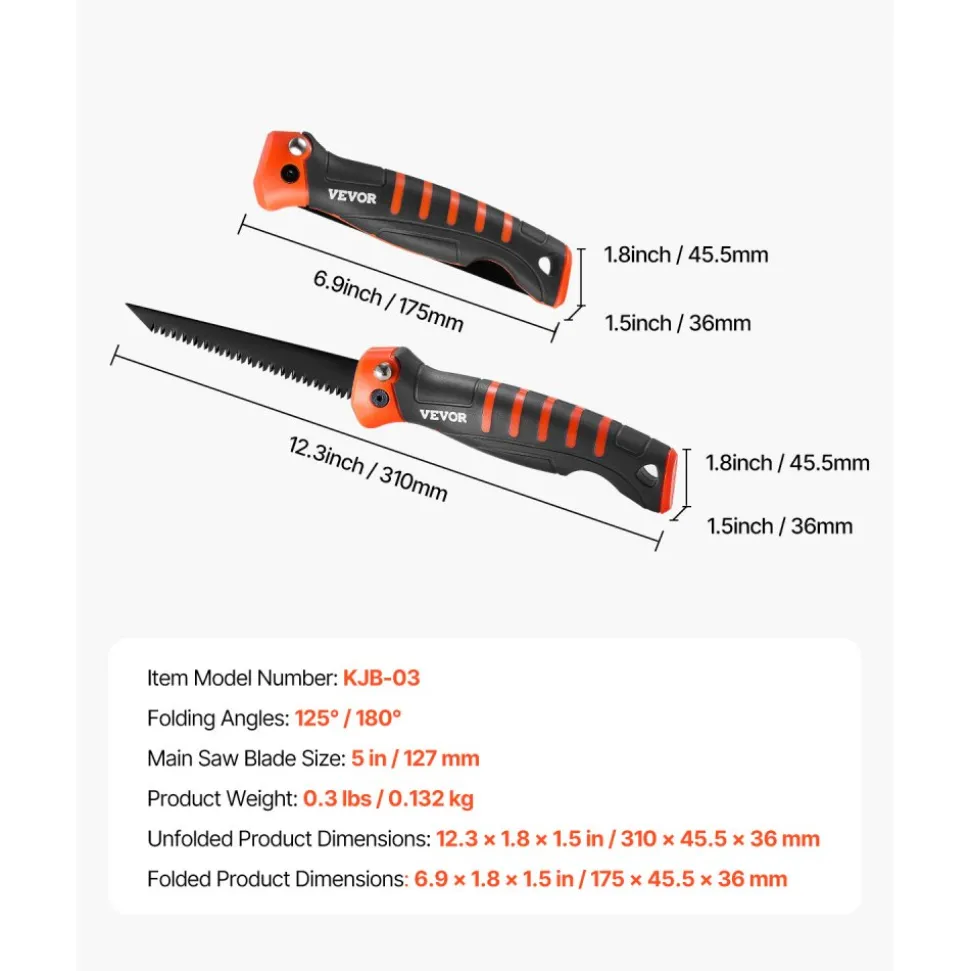VEVOR Folding Jab Saw, 5 in Foldable Jab Saw with Soft Grip Handle, Folding Drywall Saw with Triple Ground Teeth and Sharp Tip, for Drywall, Wood, PVC Pipes, Cement Board, Thin Sheets, Wall Panels