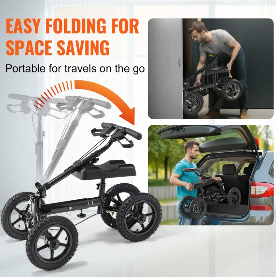 VEVOR Folding Knee Scooter, Aluminum Steerable Knee Walker with Height-Adjustable Handlebar & Knee Pad, 12" All-Terrain Wheels, Dual Brakes, Leg Recovery Scooter for Broken Ankle Foot Injuries, 350LBS