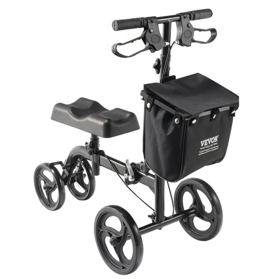 VEVOR Folding Knee Scooter, Carbon Steel Steerable Knee Walker with Height-Adjustable Handlebar & Knee Pad, All-Terrain Solid Wheels, Dual Brakes, Leg Recovery Scooter for Broken Ankle Foot Injuries