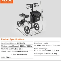 VEVOR Folding Knee Scooter, Carbon Steel Steerable Knee Walker with Height-Adjustable Handlebar & Knee Pad, All-Terrain Solid Wheels, Dual Brakes, Leg Recovery Scooter for Broken Ankle Foot Injuries