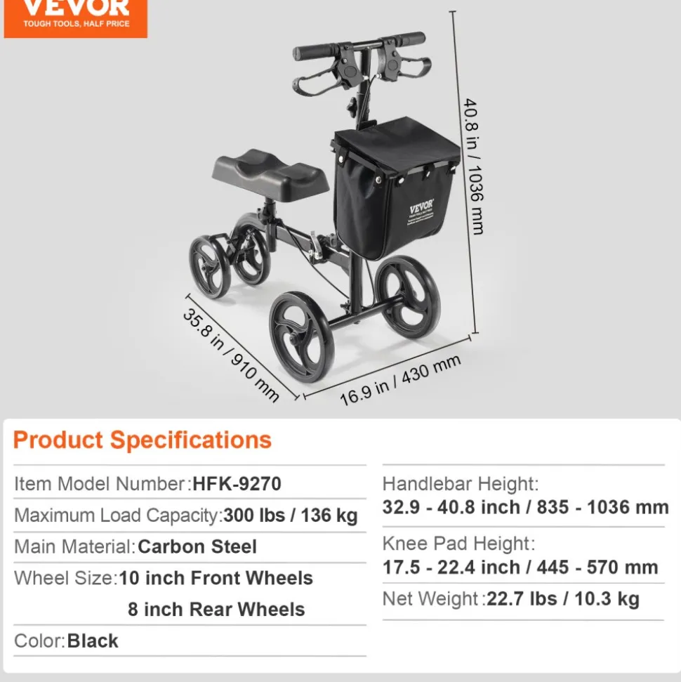 VEVOR Folding Knee Scooter, Carbon Steel Steerable Knee Walker with Height-Adjustable Handlebar & Knee Pad, All-Terrain Solid Wheels, Dual Brakes, Leg Recovery Scooter for Broken Ankle Foot Injuries