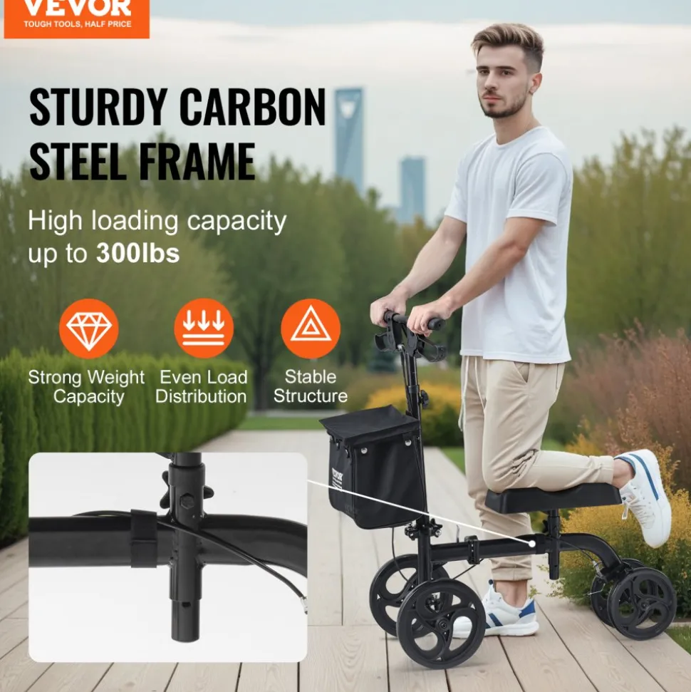 VEVOR Folding Knee Scooter, Carbon Steel Steerable Knee Walker with Height-Adjustable Handlebar & Knee Pad, All-Terrain Solid Wheels, Dual Brakes, Leg Recovery Scooter for Broken Ankle Foot Injuries
