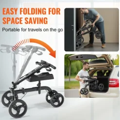 VEVOR Folding Knee Scooter, Carbon Steel Steerable Knee Walker with Height-Adjustable Handlebar & Knee Pad, All-Terrain Solid Wheels, Dual Brakes, Leg Recovery Scooter for Broken Ankle Foot Injuries
